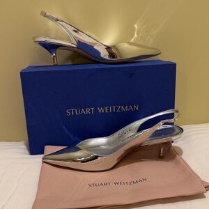 Stuart Weitzman Silver Eva 50 Slingback KittenHeels size 9.5 mint condition